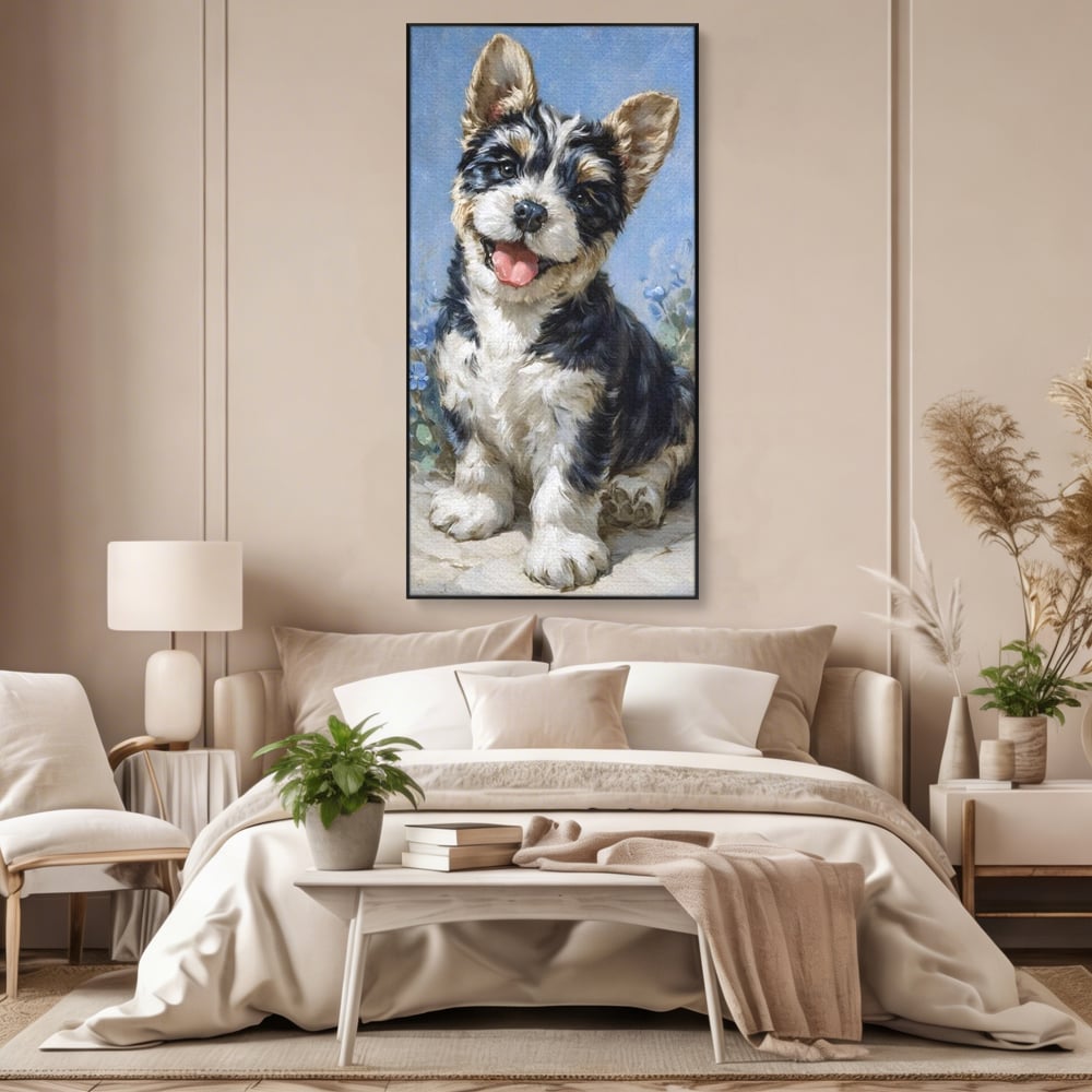 Tablou canvas cu tablou canvas cu catelus pufos, in rama de aluminiu negru, pe perete intr-un dormitor